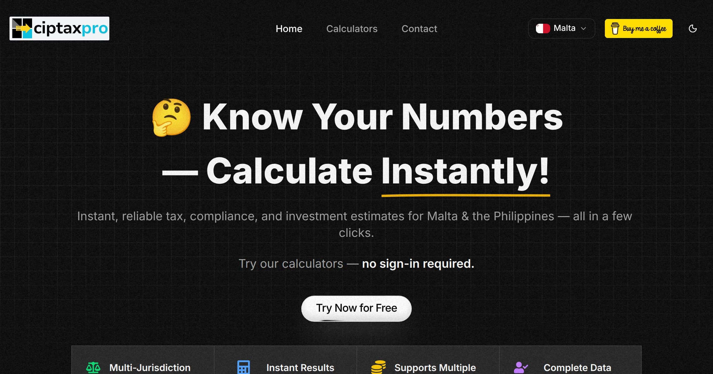Screenshot of the Ciptax homepage