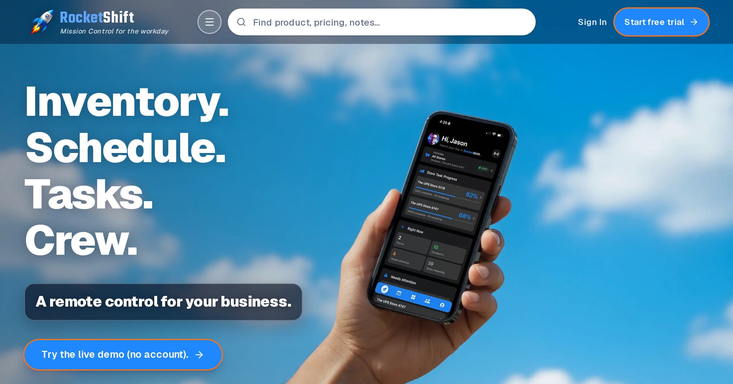 Screenshot of the Rocketshyft homepage